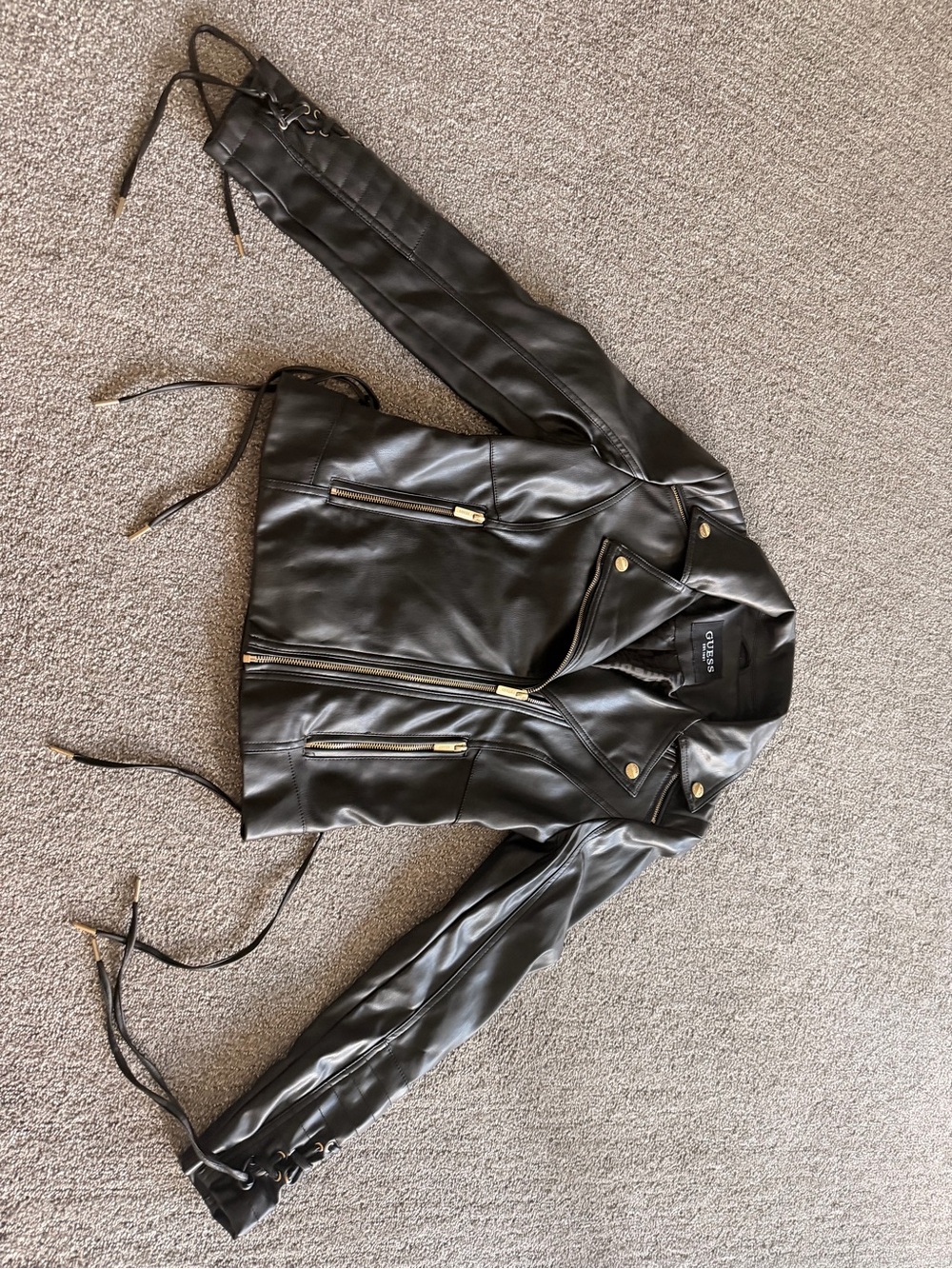 GUESS Black Faux Leather Moto Jacket with Gold Hardware